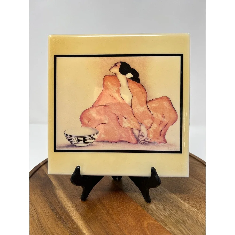 Native American Style Art Ceramic Tile Featuring Two Women Sitting‎ with Bowl